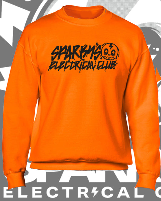 SPARKYS ELECTRICAL CLUB CREW NECK JUMPER - SAFETY ORANGE - GRAFFITI PRINT