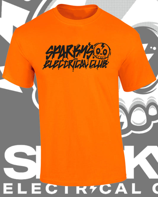 SPARKYS ELECTRICAL CLUB T-SHIRT - SAFETY ORANGE - GRAFFITI PRINT