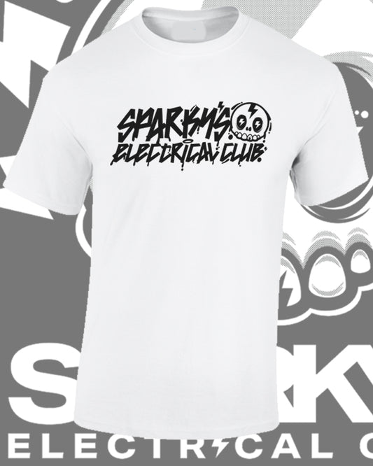 SPARKYS ELECTRICAL CLUB T-SHIRT - WHITE - GRAFFITI PRINT