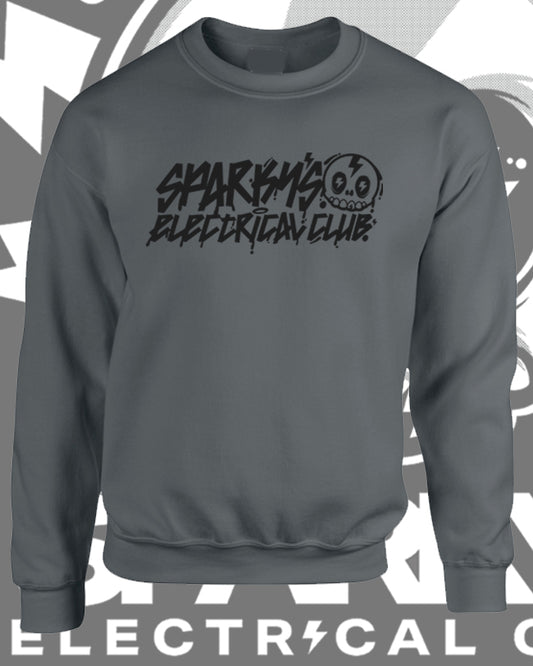 SPARKYS ELECTRICAL CLUB CREW NECK JUMPER - CHARCOAL - GRAFFITI PRINT