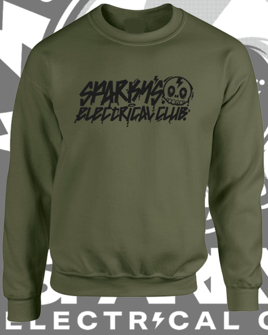 SPARKYS ELECTRICAL CLUB CREW NECK JUMPER - MILITARY GREEN - GRAFFITI PRINT