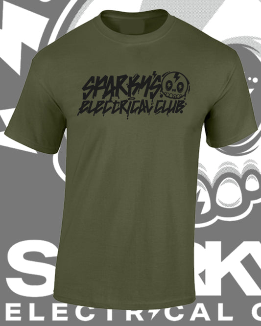 SPARKYS ELECTRICAL CLUB T-SHIRT - MILITARY GREEN- GRAFFITI PRINT