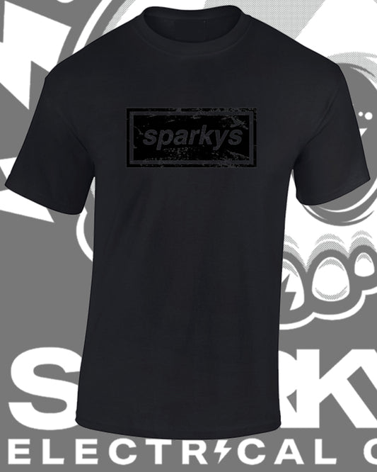 SPARKYS-"OASIS" ELECTRICAL CLUB T-SHIRT WEATHERED OLD SKOOL RETRO WORN PRINT - STEALTH TEE BLACK ON BLACK