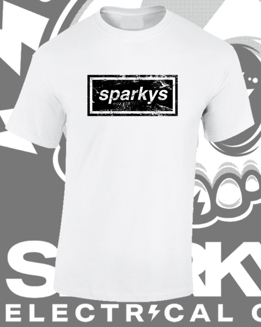 SPARKYS-"OASIS" ELECTRICAL CLUB T-SHIRT WEATHERED OLD SKOOL RETRO WORN PRINT - CRISP WHITE TEE