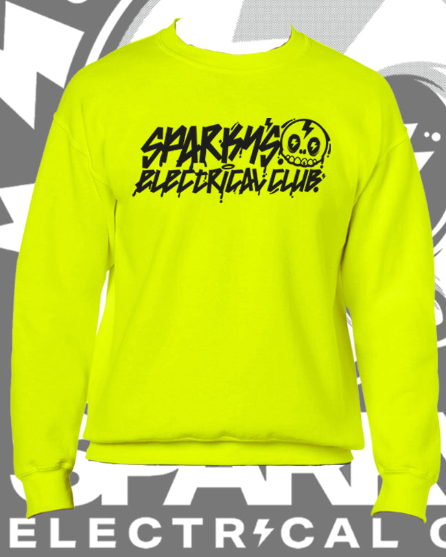 SPARKYS ELECTRICAL CLUB CREW NECK JUMPER - SAFETY GREEN - GRAFFITI PRINT