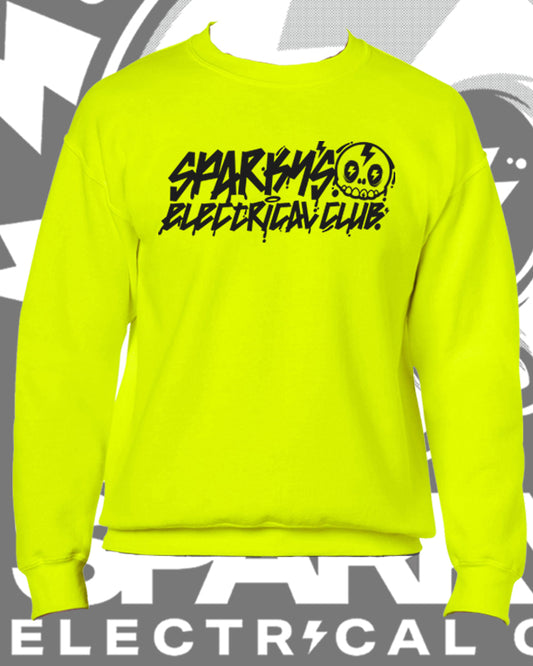 SPARKYS ELECTRICAL CLUB CREW NECK JUMPER - SAFETY GREEN - GRAFFITI PRINT