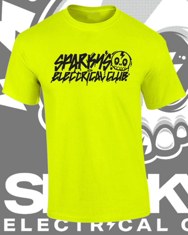 SPARKYS ELECTRICAL CLUB T-SHIRT - SAFETY GREEN - GRAFFITI PRINT
