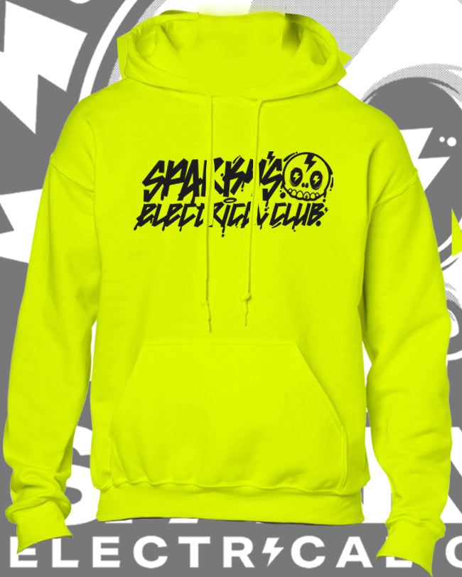 SPARKYS ELECTRICAL CLUB HOODIE - SAFETY GREEN - GRAFFITI PRINT