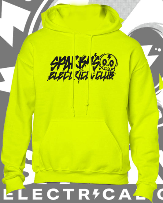 SPARKYS ELECTRICAL CLUB HOODIE - SAFETY GREEN - GRAFFITI PRINT