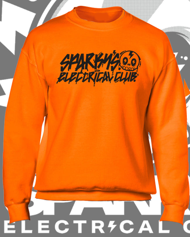 SPARKYS ELECTRICAL CLUB CREW NECK JUMPER - SAFETY ORANGE - GRAFFITI PRINT
