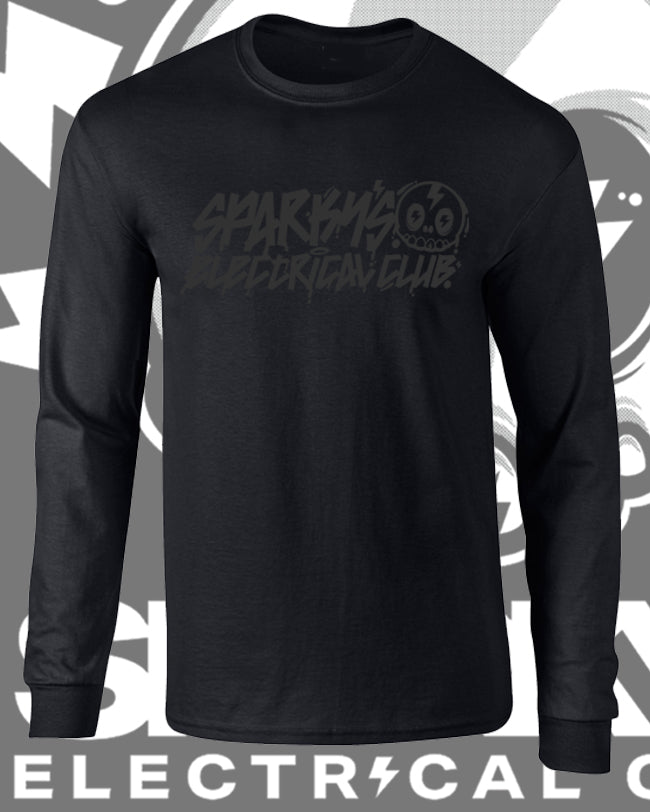SPARKYS ELECTRICAL CLUB LONG SLEEVE T-SHIRT - BLACK ON BLACK STEALTH MODE - GRAFFITI PRINT