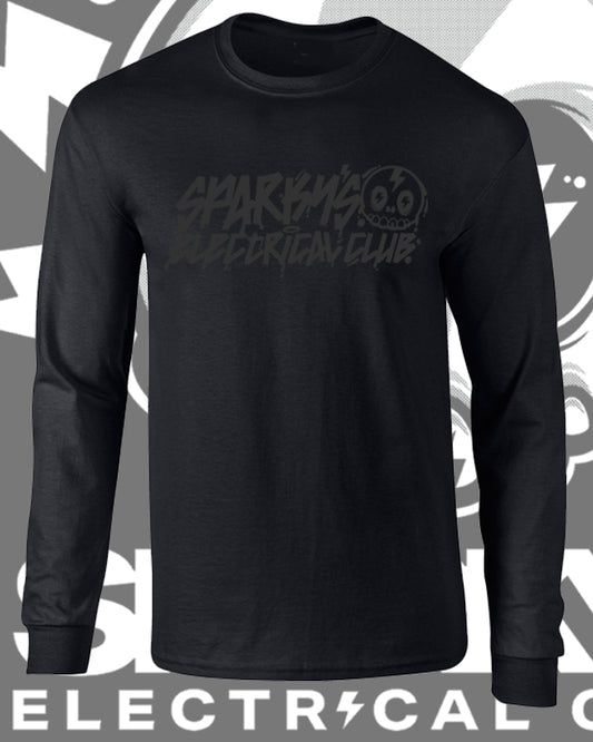 SPARKYS ELECTRICAL CLUB LONG SLEEVE T-SHIRT - BLACK ON BLACK STEALTH MODE - GRAFFITI PRINT
